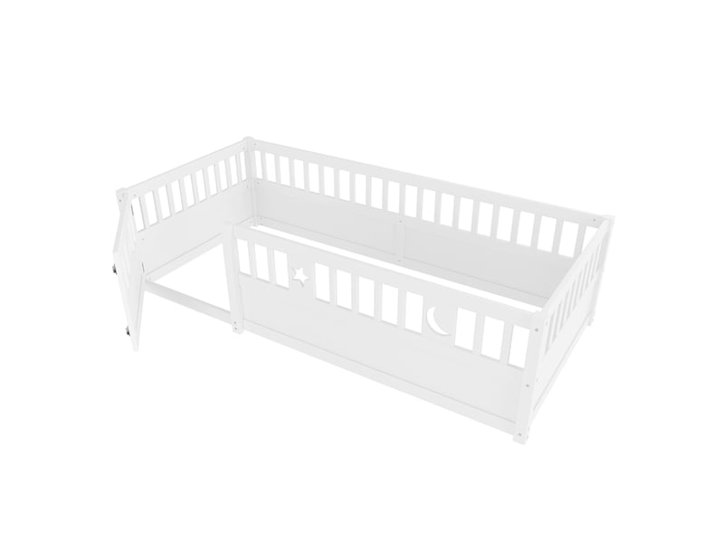  Lit enfant 90x190 avec barrière de sécurité, lit enfant style minimaliste blanc, motif étoile et lune, cadre en bois massif.  - Conforama W