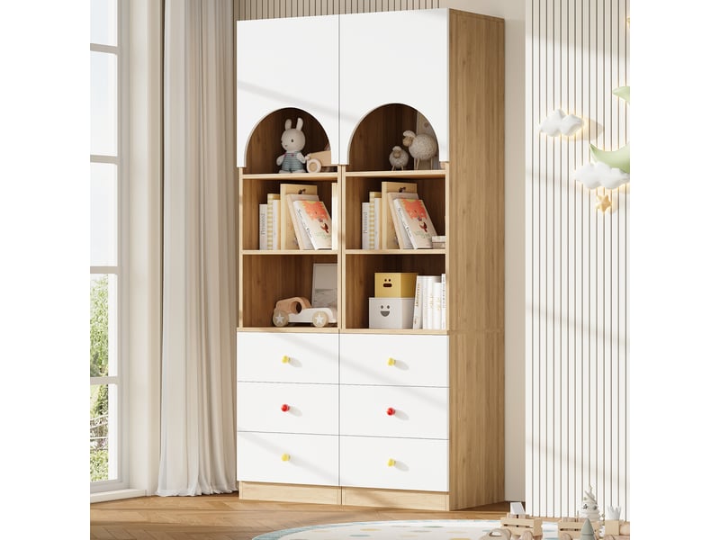 Lot de 2 bibliothèques blanc et bois en mdf, 100x50x200 cm ensemble, 3 tiroirs chacune, poignées céramique - Conforama B
