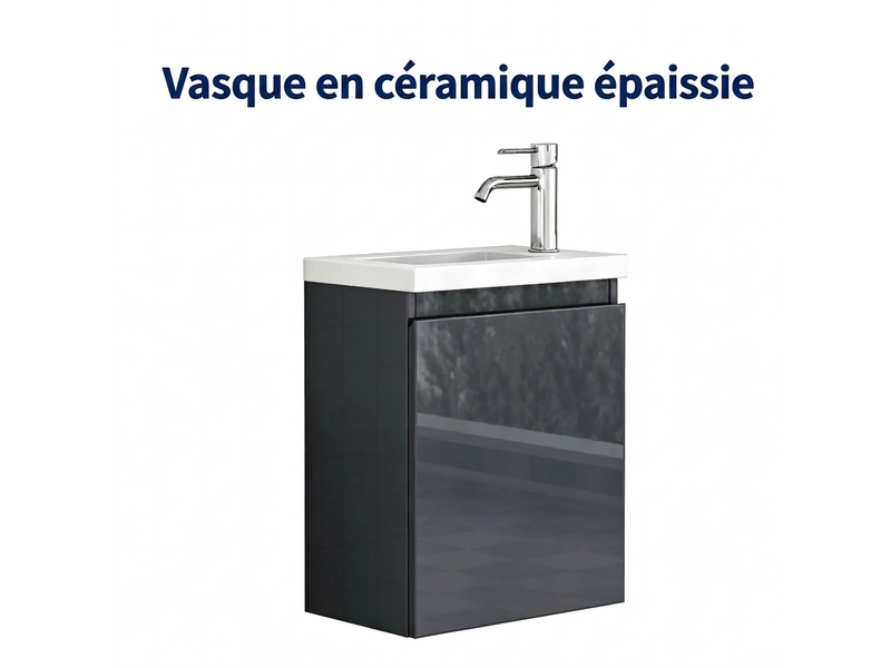  Meuble vasque suspendu 40 cm avec miroir, vasque céramique, gris brillant, gain de place  - Conforama D