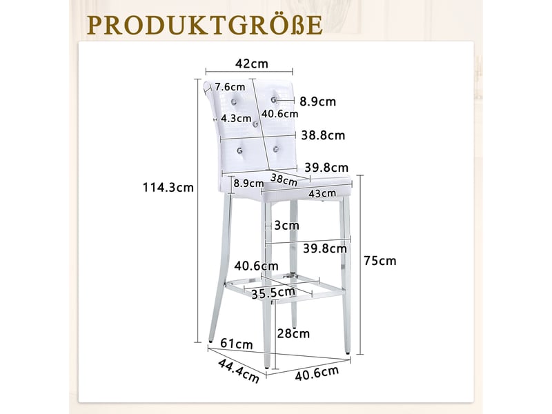  Lot de 2 tabourets de bar 44.4x40.6x114.3cm – avec dossier capitonnant de cristaux et repose-pieds – effet cuir crocodile - blanc  - Conforama C