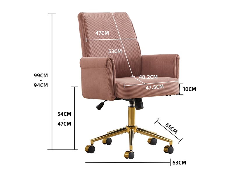  Chaise de bureau pivotante hauteur réglable - lpospi - dossier ergonomique, accoudoirs, velours côtelé rose  - Conforama D
