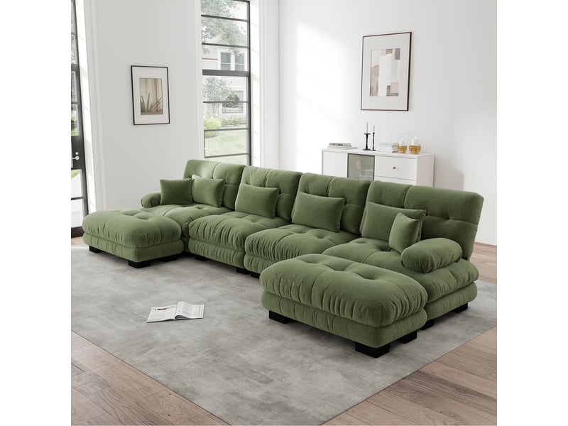  Canapé d'angle, canapé modulable – 4 places, style cloud, forme u, en chenille, vert, pouf amovible  - Conforama A