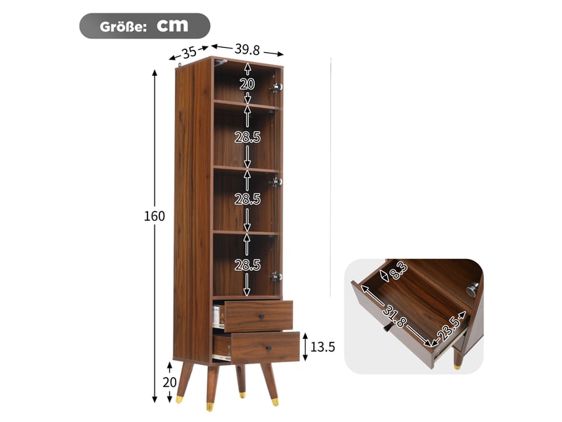  Armoire vitrine avec 3 étagères réglables et 2 tiroirs, meuble haut avec porte en verre à ouverture par pression, pour salon ou bureau, effet noyer Seren Glow - Conforama C
