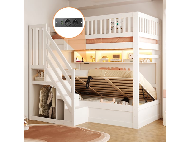  Lit mezzanine 90x200 cm en bois avec escalier de rangement, led, prises usb, coffre hydraulique et garde-corps sécurisé - blanc  - Conforama E