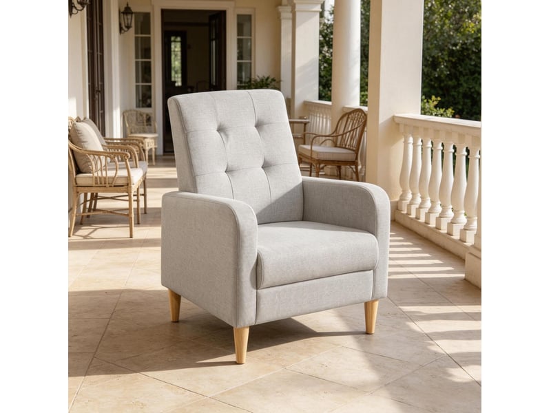 Fauteuil lounge avec dossier haut et accoudoirs, style nordique pour salon et chambre en lin, bois et mousse gris clair  - Conforama E
