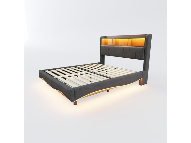  Lit capitonné suspendu 160x200 cm gris en lin, led, usb type-c et rangement de tête et coffre  - Conforama A