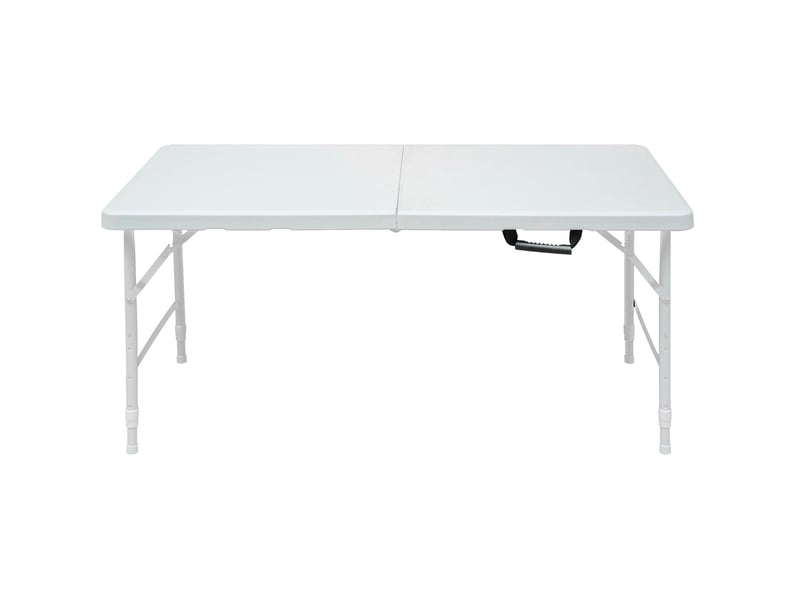 Table de jardin pliante 124,97 x 60,96 cm blanche, hauteur réglable 58 à 73,66 cm, structure acier - Conforama A