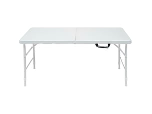 Table de jardin pliante 124,97 x 60,96 cm blanche, hauteur réglable 58 à 73,66 cm, structure acier