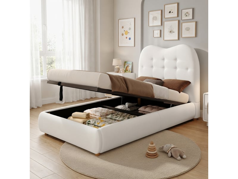  Lit d'enfant 90 x 200 cm, rangement hydraulique, avec sommier et tête de lit, lin, gris  - Conforama D
