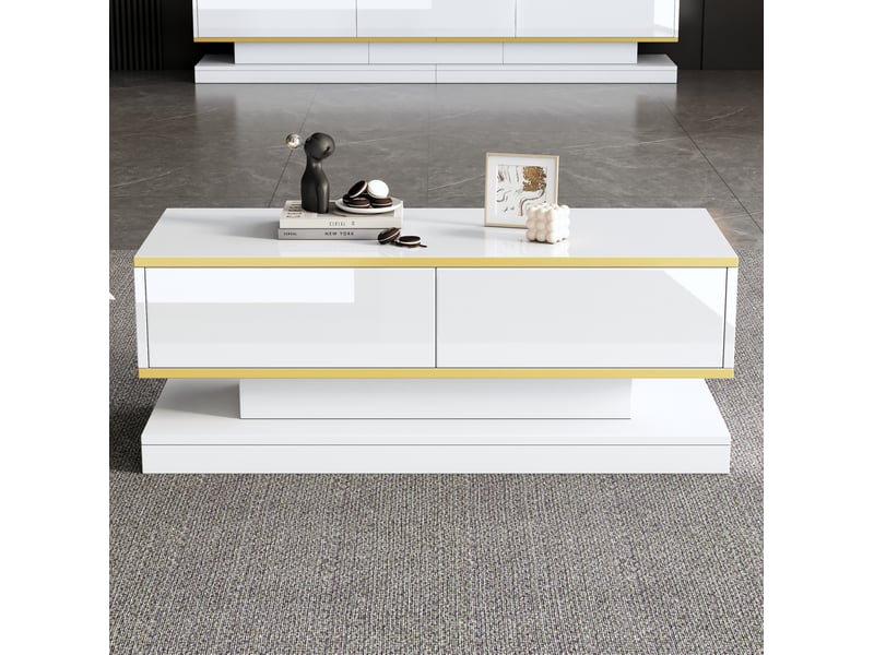  Ensemble meuble tv et table basse 200 x 40 x 40 cm blanc chaud, panneaux de particules, 5 tiroirs, bordure dorée  - Conforama B