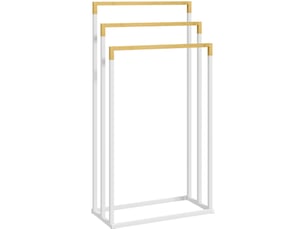 Porte-serviettes sur pied 45x22,5x86 cm – blanc – 3 barres en acier et bambou, sans perçage pour salle de bain