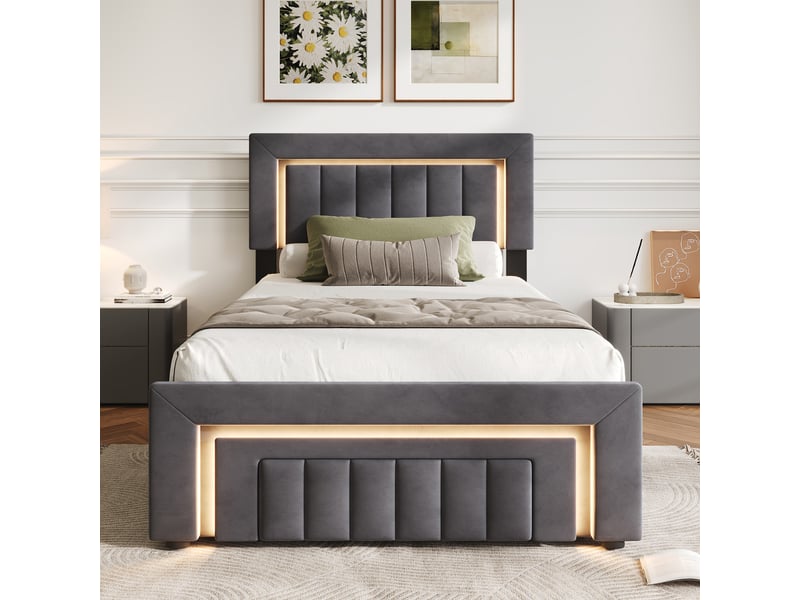  Lit avec rangement 90 x 200 cm en velours gris, lit simple avec coffre hydraulique, tiroir et led, sans matelas  - Conforama B