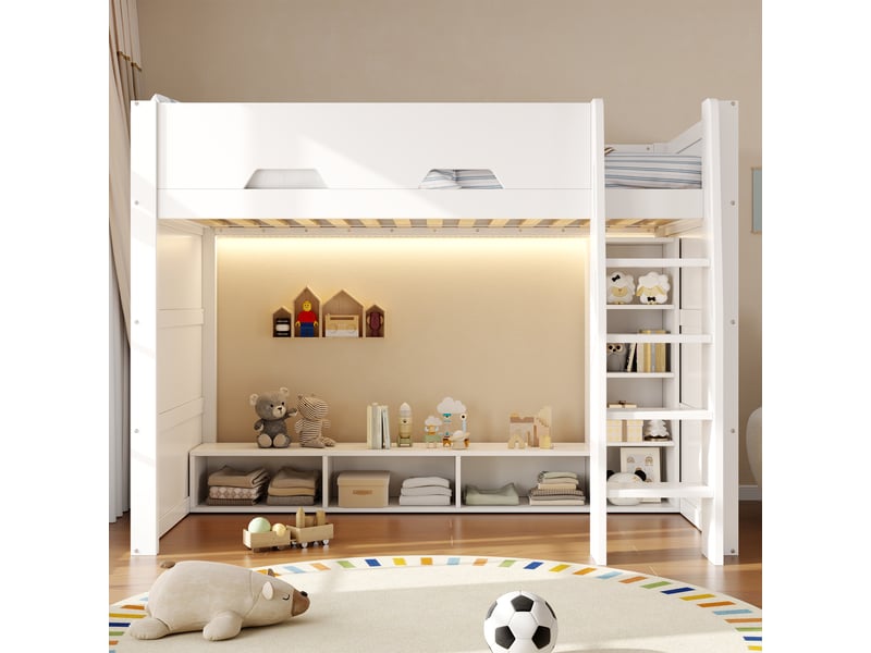  Lit mezzanine 90x200 cm enfant avec escalier, rangements intégrés, étagères, led multicolore, garde-corps, sommier à lattes, bois mdf, blanc  - Conforama C
