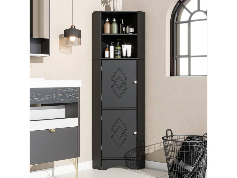  Colonne sdb 36,5x10x155 cm, meuble d'angle avec rangement, étagère réglable et portes, aggloméré, noir  - Conforama W