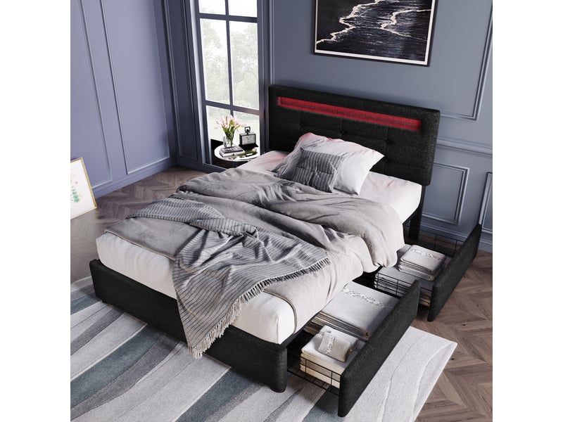  Lit avec rangement 90x200 cm – lit simple capitonné avec tête de lit réglable et rangement, lin et métal, sans matelas, noir  - Conforama E