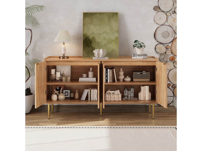  Buffet et enfilade avec 4 portes, étagères réglables et pieds dorés pour salon, mdf, 140×38×75 cm, naturel  - Conforama C