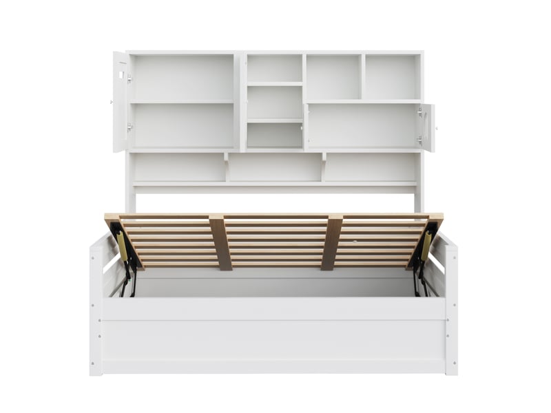 Lit coffre hydraulique 90x200 cm avec rangements, pin blanc, sans matelas - Conforama D