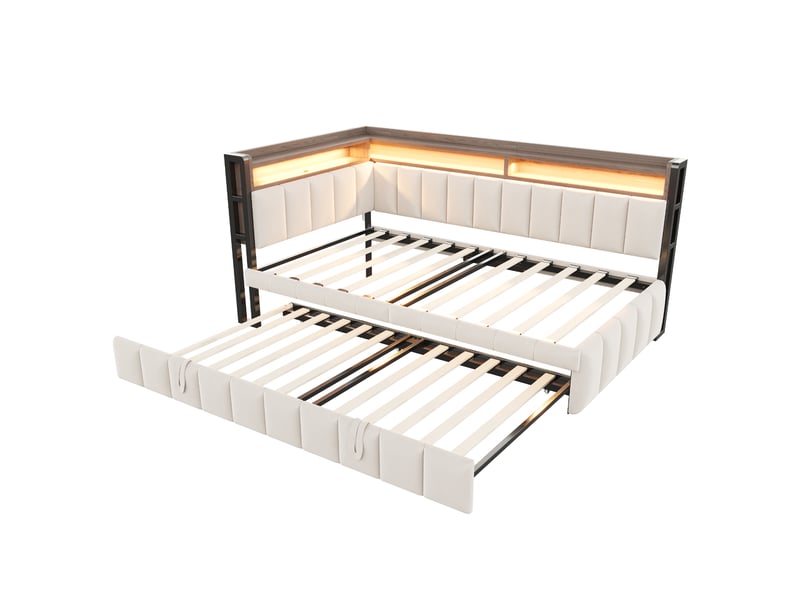 Canapé-lit 90 x 200 cm – avec lit gigogne – avec éclairage led – avec ports usb et type-c – beige (matelas non inclus) - Conforama R