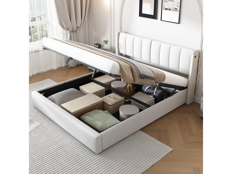  Lit coffre led 140x200 cm avec usb, tête de lit réglable, pu blanc sans matelas  - Conforama D