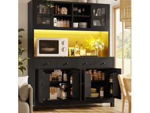 Buffet haut noir 140 x 38,5 x 180 cm avec éclairage led rgb contrôlé par application, portes vitrées, 4 tiroirs