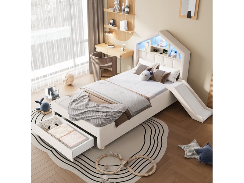  Lit cabane enfant 90x200 cm, beige, équipé de toboggan réversible, de prise de charge et de led, sans matelas  - Conforama B