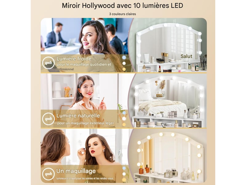  Coiffeuse avec miroir et 10 led 7 tiroirs en mdf blanc 110 x 40 x 150 cm  - Conforama D