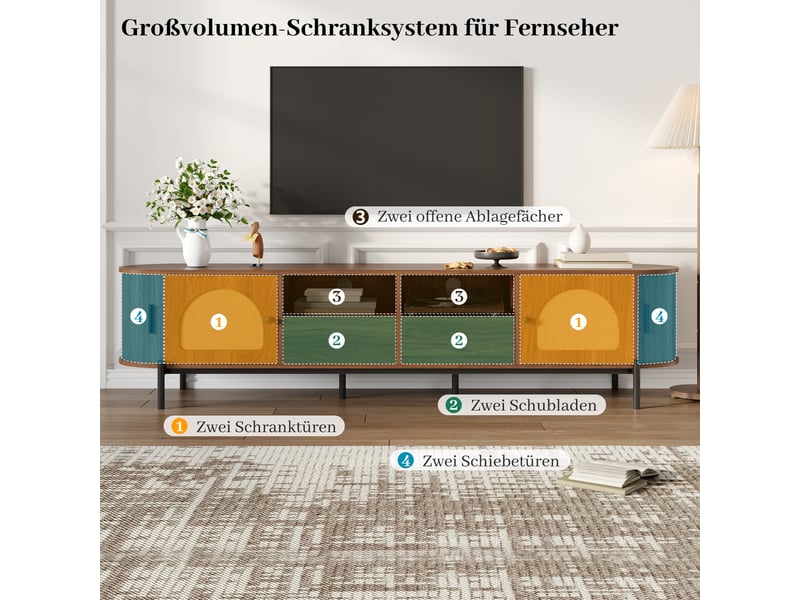 Meuble tv ovale moderne effet bois et rotin, portes coulissantes, tiroirs, pieds métal, rangement - Conforama D