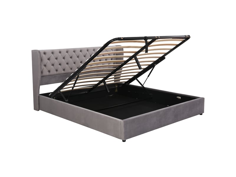  Lit double 180 x 200 cm velours gris – tête de lit à oreilles et coffre hydraulique  - Conforama D