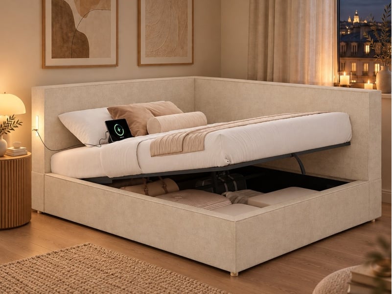  Lit de repos pour enfant, 140 x 190 cm, lit rembourré avec rangement, éclairage led et ports de charge, tissu chenille, beige  - Conforama B