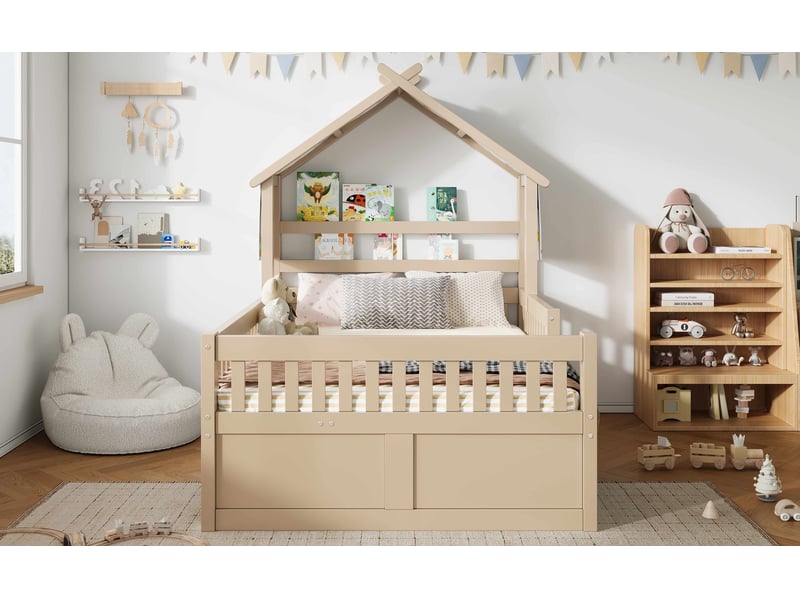  Lit gigogne 140x200 en bois avec rangement, tiroirs et barrières de sécurité, crème  - Conforama W