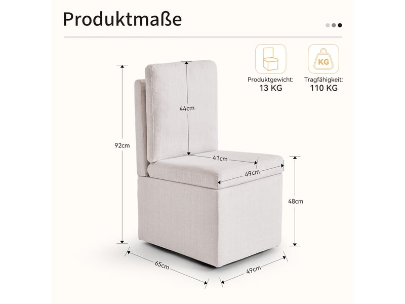 Chaise de salle à manger 49 x 65 x 92 cm – gris-beige – rangement caché, roulettes et rotation à 360°  - Conforama C