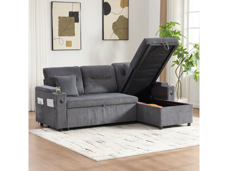 Canapé d'angle convertible 3 places en velours côtelé 212,5x136 cm avec rangement, méridienne coffre, lit gigogne 2 places et usb-c - gris anthracite  - Conforama E