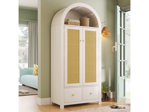 Armoire de chambre 181x78x45 cm avec sommet arqué et cannage rotin, armoire dressing avec 2 portes magnétiques, 2 tiroirs, tringle, blanc