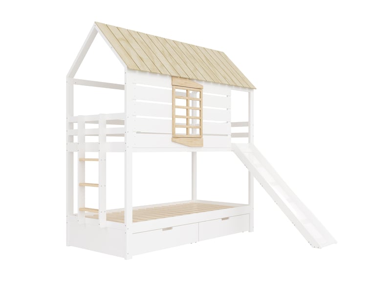  Lit mezzanine enfant 90x200 cm en mdf et pin blanc et naturel avec toboggan  - Conforama D