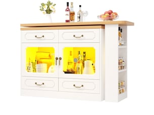 Table de bar extensible 135-203x39x92,8 cm blanc et naturel en mdf, avec rangement et led