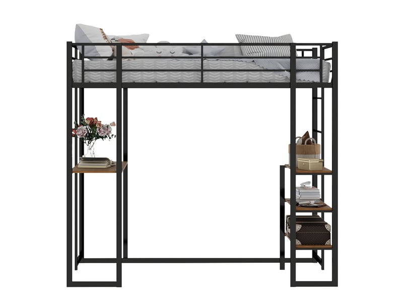 Lit mezzanine 90x190 cm en métal noir avec bureau, échelle double et rangement - Conforama A
