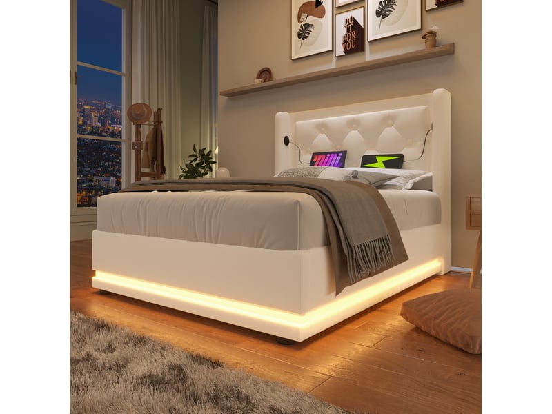  Lit coffre 90 x 200 cm blanc en pu avec tête de lit, éclairage led 3 côtés et fonction de charge usb type-c  - Conforama D