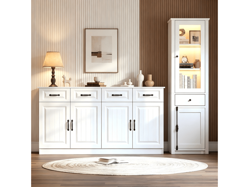 Ensemble buffet et vitrine 160x35x80+55x40x200 cm, avec led, portes vitrées, vaisselier, rangement de salon, mdf blanc - Conforama D
