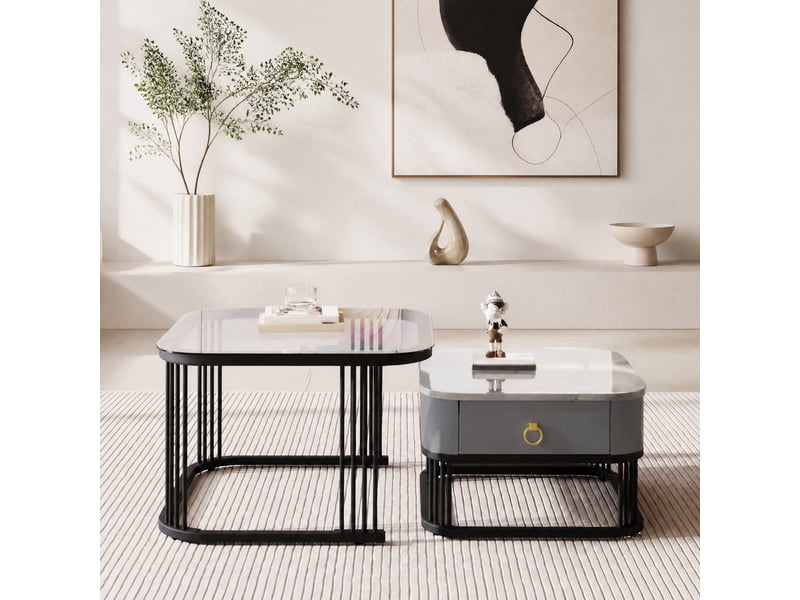  Lot de 2 tables basses gigognes avec tiroirs, verre et effet marbre, noir et gris  - Conforama C