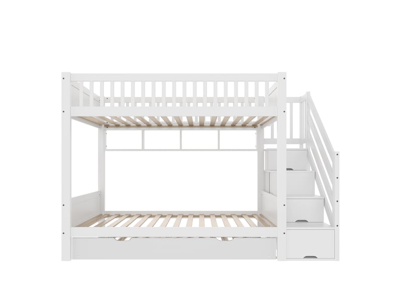  Lit superposé enfant 90x200 cm blanc, lit avec étagères de rangement, armoire et lit gigogne, structure en bois massif.  - Conforama W