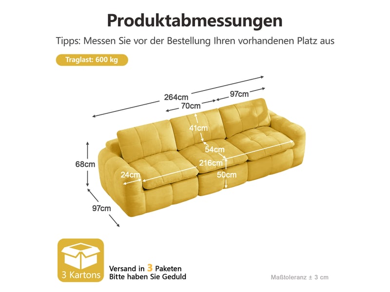  Canapé droit modulable 3 places en chenille jaune – 264 x 97 x 68 cm Fay Lum - Conforama C