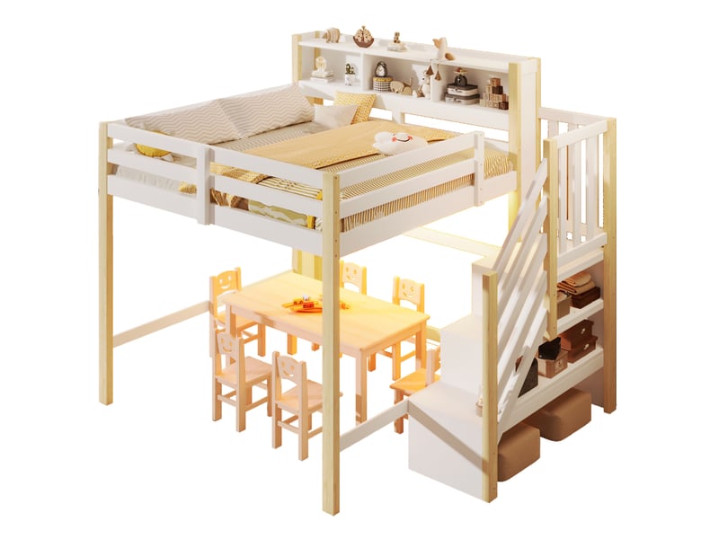 Lit mezzanine enfant 140x200 cm avec led et escalier de rangement blanc et naturel  - Conforama A