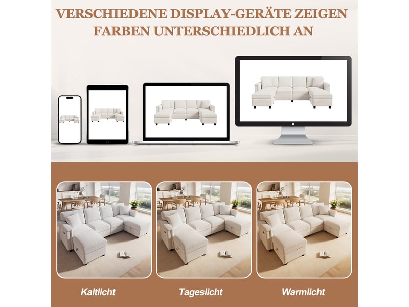  Canapé modulable beige en u et en l avec 2 poufs de rangement  - Conforama D