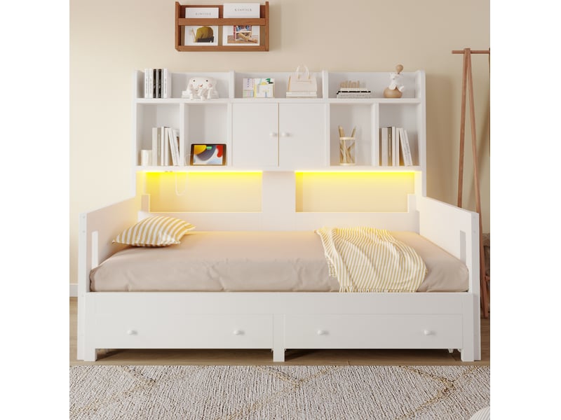 Lit banquette 90x190 cm extensible 180x190 cm – blanc – rangements, led et prise - sans matelas - Conforama B