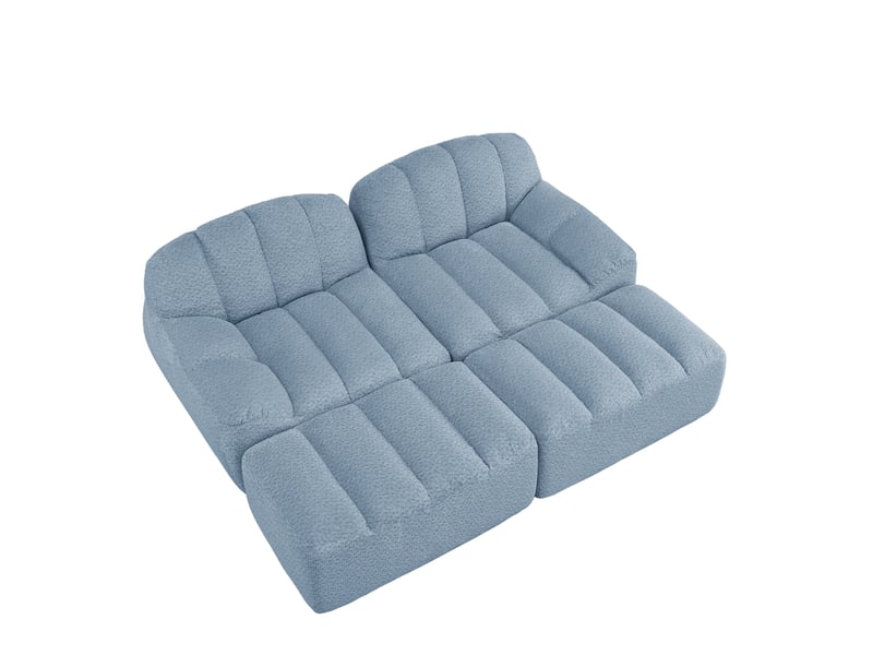  Canapé modulable 2 places bleu en tissu bouclette avec 2 ottomans, mousse 32d et connexion antidérapante  - Conforama A