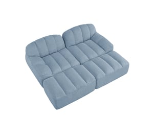 Canapé modulable 2 places bleu en tissu bouclette avec 2 ottomans, mousse 32d et connexion antidérapante
