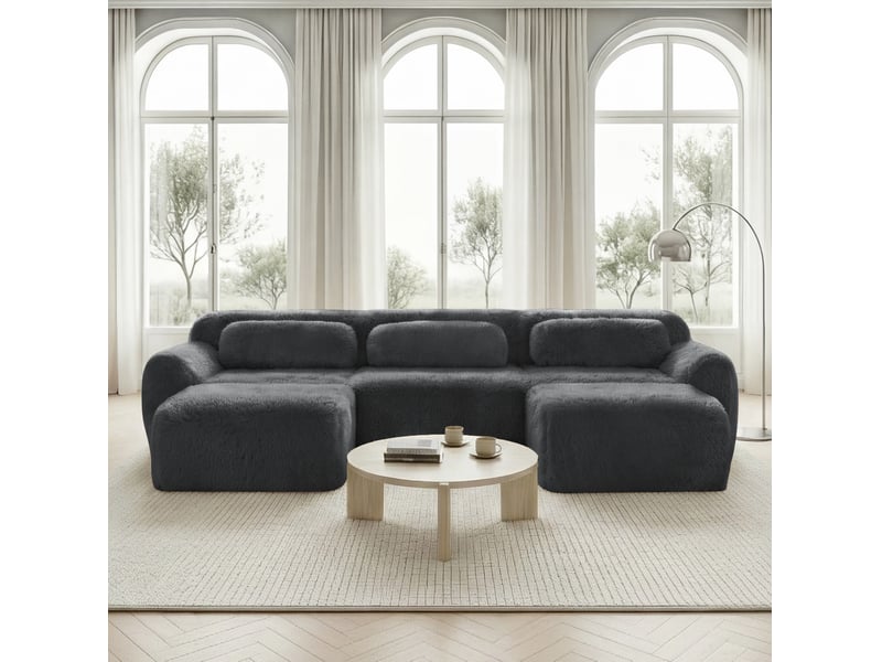  Canapé modulable en u 3 places gris en peluche, avec ottoman et coussins  - Conforama C