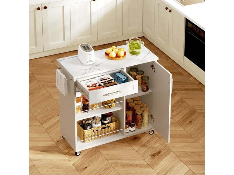 Desserte de cuisine 90x40x90 cm blanche effet marbre avec tiroir et roulettes - Conforama D