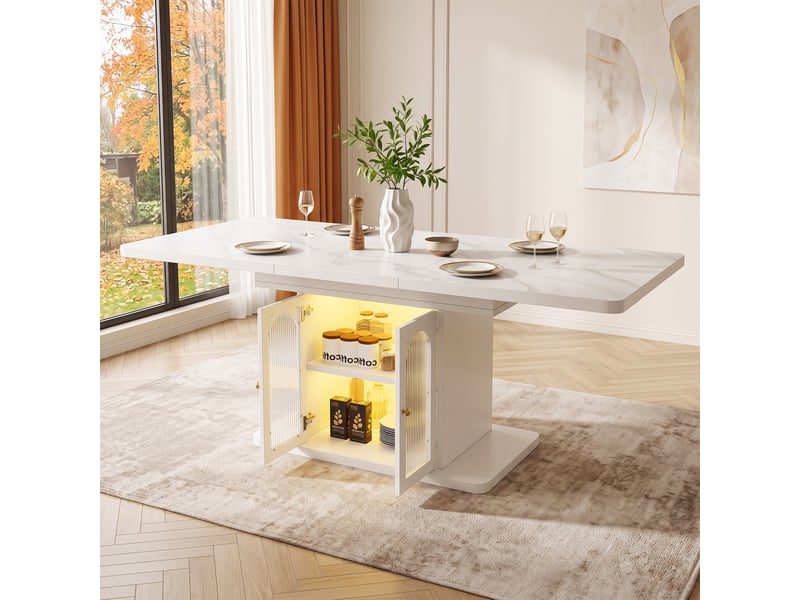  Table à manger extensible 150-200 x 80 cm, 6-8 personnes, rangement, led, blanc marbre Jamama eleni - Conforama B