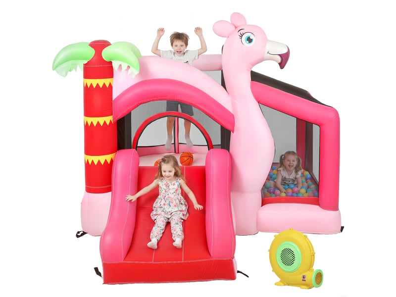  Château gonflable pour enfants avec toboggan, trampoline, piscine à balles et panier de basket, 255 x 230 x 196 cm, rose  - Conforama B